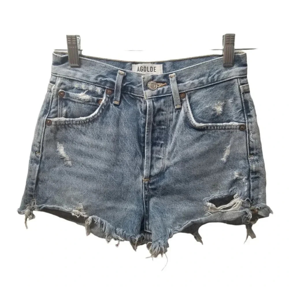 đ
şAGOLDE High Rise Button Fly Distressed Jean Shorts 23 - Picture 1 of 10